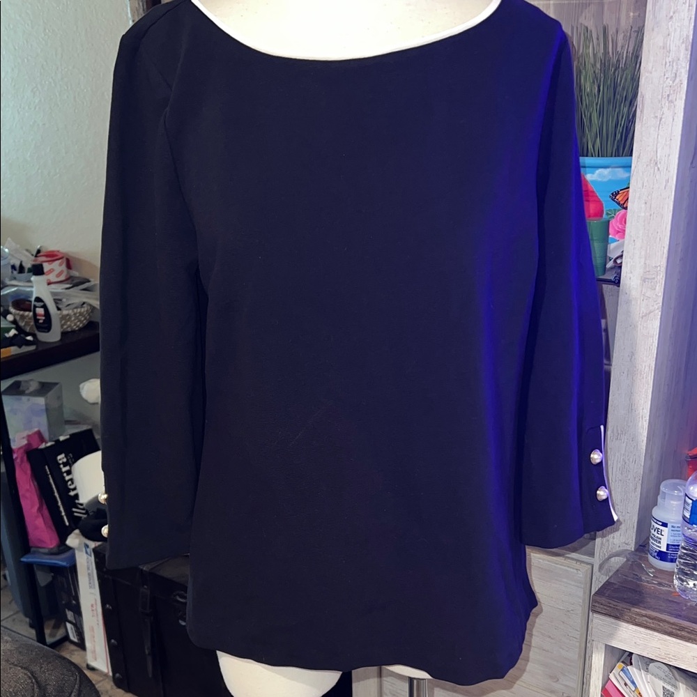 Talbots Elegant Black Women's Top quarter sleeve Pearl button M
